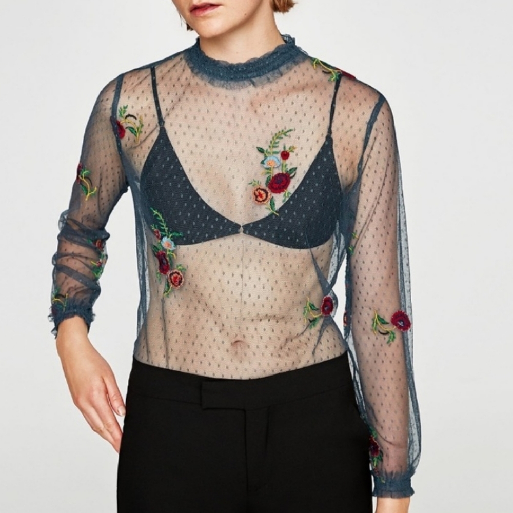 ZARA Sheer Floral Embroidered Tulle Top – Green Polka‑Dot Long Sleeve Blouse NWT